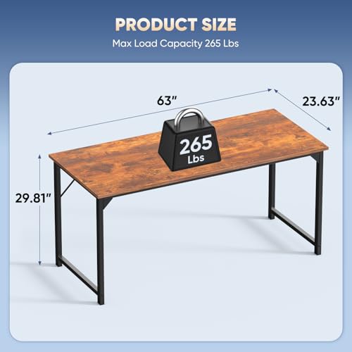 Image of DUMOS 63 Inch Computer Office Desk Writing Gaming Study Work Large Desks for Bedroom Home Office with Metal Frame Simple Modern PC Table Workstation, Wood Brown