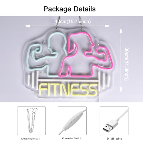 Image of Fitness Neon Sign,Gym Work Out Exercise Wall Decor LED Light Sign | Neon Lights Hanging Wall Art Decoration for Sports Club Game Man Cave Garage Gift, USB Powered Dimmable,15.75*11.8inches