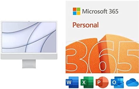 2021 Apple iMac (24-inch, Apple M1 chip with 8‑core CPU and 7‑core GPU, 8GB RAM, 256GB) – Silver, with Microsoft 365 Family | 12-Month Subscription | PC/Mac Download