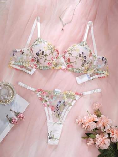Image of Sexy Floral Embroidered Flower Mesh Underwire Push Up Lingerie Set