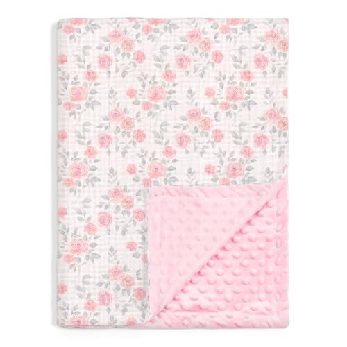 Image of SANDJEST Pink Rose Minky Muslin & Dotted Blanket 30x40 in Gift for Holiday, Gender Reveal Party, Hospital Visit, Baptism