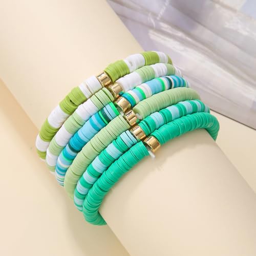 Image of COLORFUL BLING 6Pcs /Set Bohemia Heishi Clay Surfer Bead Stretch Bracelets Vinyl Disc Polymer Stackable Layering Bracelet Set Preppy Summer Beach Jewelry for Women
