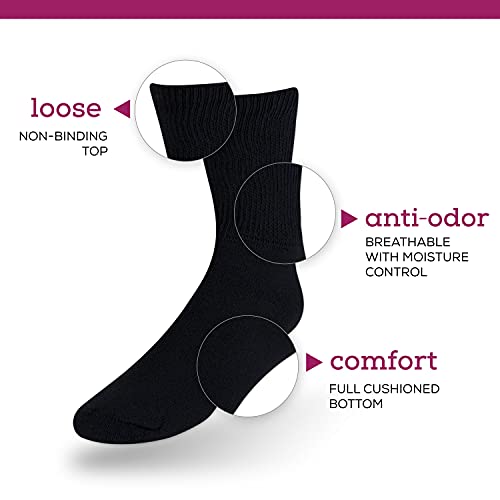 New York Ave Men's Diabetic Cotton Crew Socks - Loose Fitting Non-Binding Top Circulatory Cushion Bottom (Black 6 Pairs, 10-13) #TOP2
