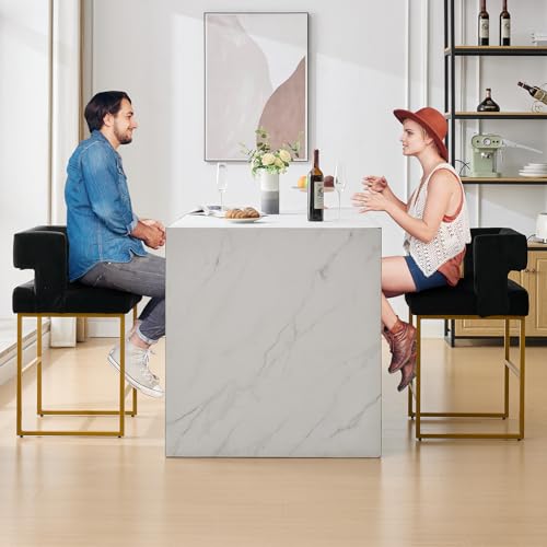 Image of 26 inch H Velvet Bar Stools Set of 6, Counter Height Bar Seats with Square Back, Modern Upholstered Armless Barstools with Metal Gold Legs for Kitchen Island Dining Room Bar, Black