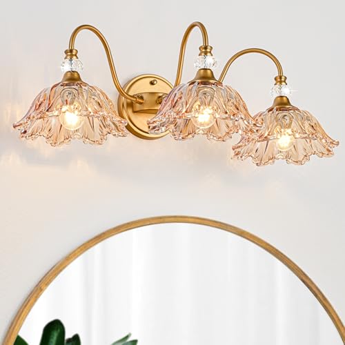Image of Vintage Bathroom Vanity Light, 3-Light Matte Brass Finish Vanity Light with Flower-Shaped Amber Glass Shades, Retro Wall Sconce for Bathroom, Dressing Table