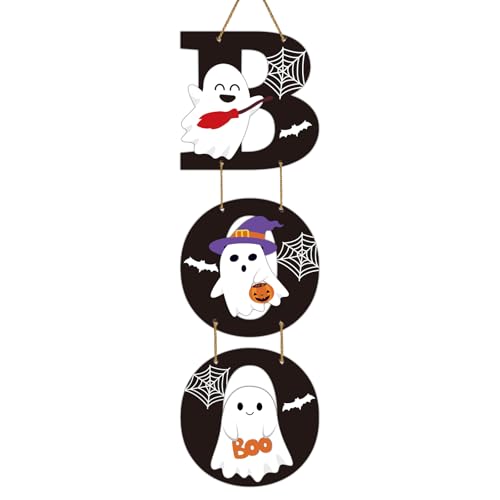 Halloween Door Decorations Halloween Wreath Cute Ghost Decor Boo Sign Bat Spider Web Wooden Front Door Hanger Ghost Hanging Sign Wreath for Wall Indoor Home Decor