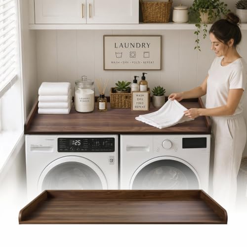 Kaboon Washer Dryer Countertop, Melamine Countertop with Edge Rails - 27.5' Depth x 54' Width Laundry Room Organization, Dark Walnut
