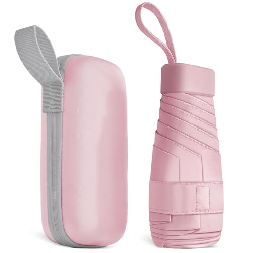Aolso Mini Regenschirm, 6 Rippen Tragbarer Reiseschirm mit Kapselhülle, UV-Schutz, kompakter, Windfest kleiner Taschenschirm mit Etui für Männer und Frauen (Rosa)