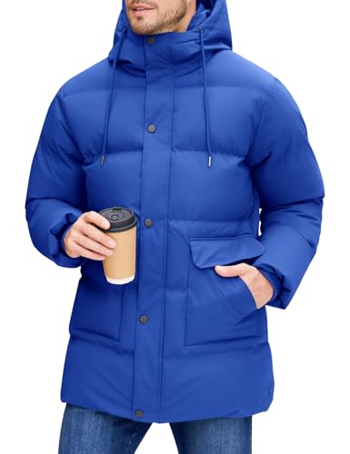 Xnova Abrigo Largo de Invierno para Hombre, Chaqueta Acolchada con Capucha Térmica Resistente Cálido Casual Parka Cazadora Prueba de Viento con Bolsillos (Azul, XL)