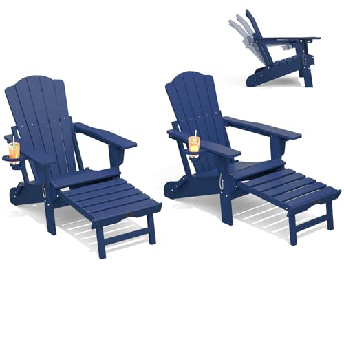 THOEOE Adjustable Adirondack Chairs with Retractable Ottoman Set of 2, HDEP Folding Adirondack Chair with Footrest & Cup Holder, All Weather Fire Pit Chair for Outdoor,Navy Blue