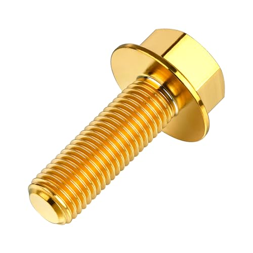 Image of Ti Screws M10 x 20 25 30 35 40 45 50 55 60 65 70 75 80 90 100mm 1.25 Pitch Titanium Flange Hex Bolt Pack of 4 (Gold, M10x35mm)