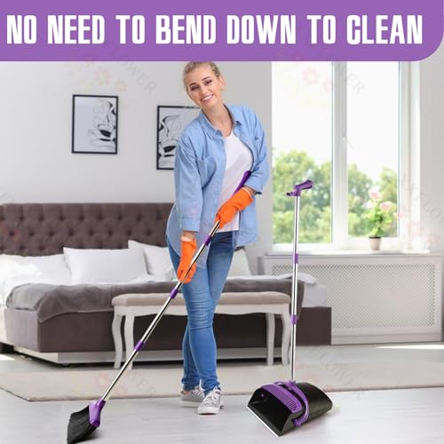 Image of Broom and Dustpan Set with Long Handle, Light Weight Stainless Steel Poles Stand Upright Dustpans with Broom Combo for Home Kitchen Office Pet Dog Hair, 1-Pack (Purple)