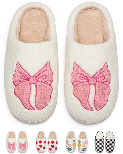 Bow Slippers for Women Men Warm Cozy House Shoes Fuzzy Home Slippers with Memory Foam Indoor and OutdoorPink Bow40/41)