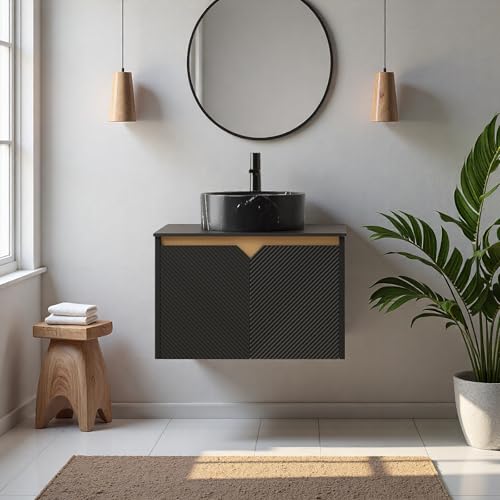 Image of 24 inch Bathroom Vanity with Sink, Wall-Mounted Bathroom Vanity with Black Round Ceramic Vessel Basin, Modern Plywood Floating Vanity with Twill Double Doors, Bathroom Storage Cabinet, Black