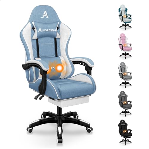 ALFORDSON Silla de Gaming, Silla giratoria, sillón de Masaje, Silla ergonómica para Gamer, con reposapiés retráctil, reposacabezas, cojín Lumbar de Masaje, 180kg, Tela, Azul y Blanco