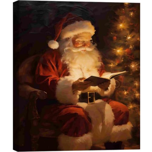 Santa Reading Book Christmas Wall Art 16x24in, Vintage Framed Canvas Prints Posters for Home Decor, Rustic Winter Painting for Christmas Wall Decor, Holiday Decoration Gifts for Bedroom