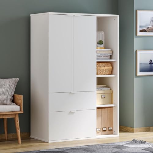 Image of Wakefit Engineered Wood Cabinet | 1 Year Warranty | Storage Cabinet for Home Kitchen Living Room | 1 Closed Compartment, 2 Drawers & 4 Open Shelves | Pattens - Frosty White