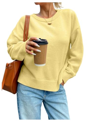 GORGLITTER Women's Crew Neck Oversized Knitted Sweater Long Sleeve Drop Shoulder Lightweight Pullover Old Money Tops - Main Image