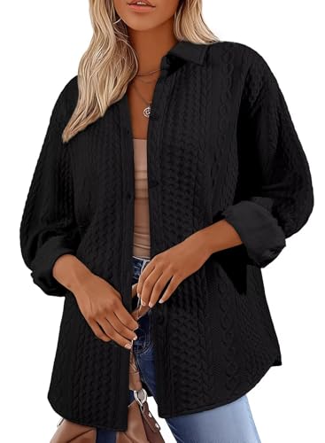 Astylish Women Long Lantern Sleeve Shirts Cable Textured V Neck Button Down Tops Casual Oversized Blouse