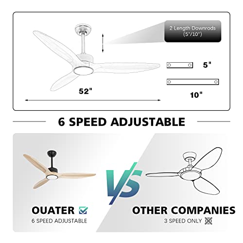 Ouater Ceiling Fans With Lights And Remote, 52 Inch Wood Ceiling Fan With Light,3 Color Light,Dc Motor,For Bedroom/Outdoor/Patios,Natural Wood #TOP5