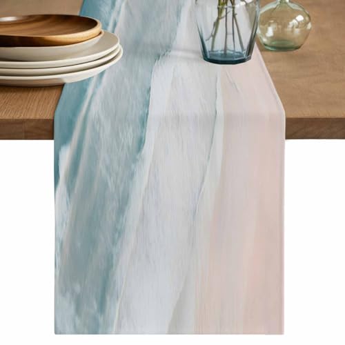 Sea Wave Table Runner 13x48 Inch - Linen Burlap Table Runners 48 inches Long, Machine Washable Table Runner for Everyday Use Home Decoration - Blue Ocean Beach Theme