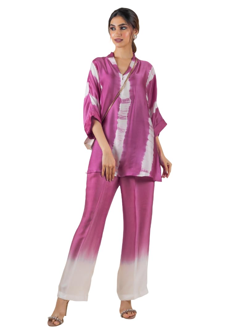 Women's Cotton Tie Dye Print Two-Piece Lounge Set Tunic with Wide-Leg Pants, Resort Wear (Purple White)-image-32