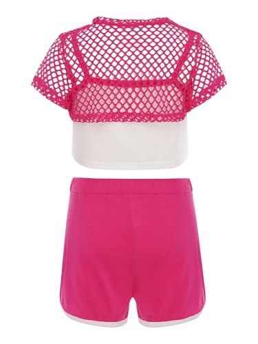 Kids Girls 3 Piece Summer Outfits Cami Tank Top See Through Mesh Fishnet Shirt with Gym Shorts Set Tracksuit Hot Pink 9-10 Years2