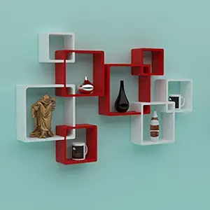 Wooden Twist Rafuf Wooden Intersecting Wall Shelves (Set of 8) Floating Wall Shelves for Living Room Bedroom Home Decor Shelf (Standard, Red & White)