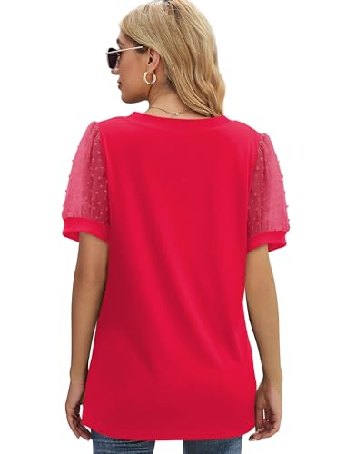 Image of Aokosor Womens Summer Tops V Neck T Shirts Swiss Dot Puff Sleeve Tops Loose Casual Tshirts