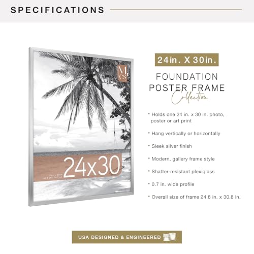 Image of MCS Foundation 24x30 Poster Frame Traditional Silver, Vertical & Horizontal Wall Hanging Large Picture Frame for Photos, Posters & Art Prints (1-Pack)