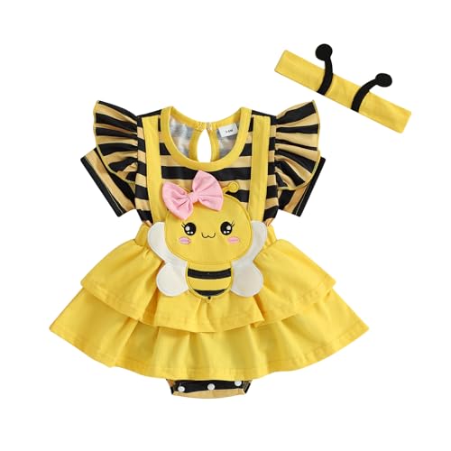 Newborn Baby Girl Bee Outfit Bee Short Sleeve Striped Romper Dress with Headband Cute Infant Summer Clothes