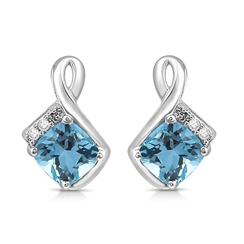 Jewelili Sterling Silver 6 Mm And 5 Mm Cushion Swiss Blue Topaz And Round Created White Sapphire Pendant Necklace 18" Cable Chain, Stud Earrings And Ring Jewelry Set #TOP2