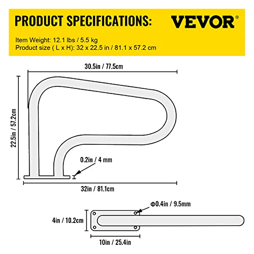 Image of VEVOR Pool Handrail, 32 x 22.5 Swimming Pool Stair Rail, 304 Stainless Steel Stair Pool Hand Rail Rated 375lbs Load Capacity, Pool Rail with Quick Mount Base Plate, and Complete Mounting Accessories