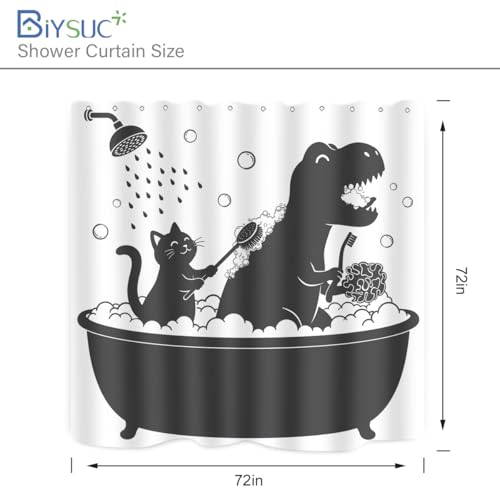 Image of Dinosaur Shower Curtain Funny Dino Cat for Kids Boys Trex Silhouette Animal Shadow Cartoon Black White Bathroom Waterproof Polyester Fabric 72Lx72W Inch with Hooks