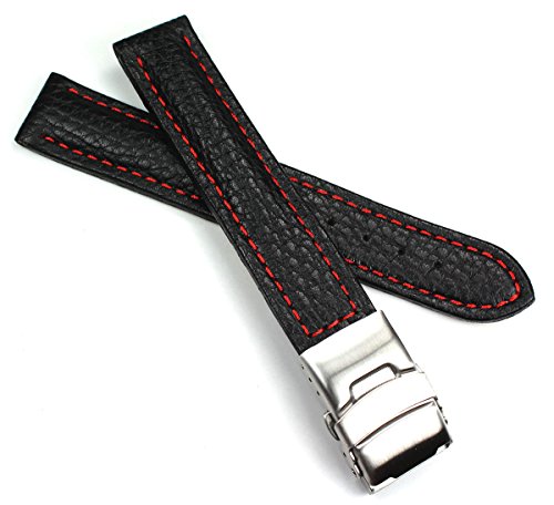 Preisvergleich Produktbild Sulla 18mm Uhrenarmband Kalbsleder mit Edelstahl Faltschließe schwarz rote Naht