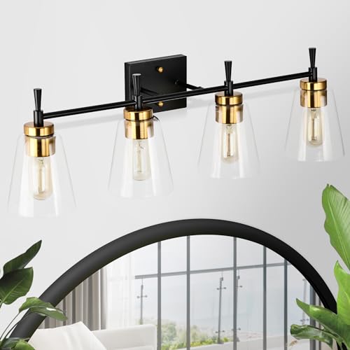 Edvivi 4-Light Bathroom Light Fixtures, Black and Antique Brass Vanity