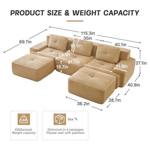 Image of 117 inch U-Shaped 3-Seater Modular Boneless Couch with 2 Ottomans, Cozy Corduroy Upholstery, Deep Seat Cloud sectional Sofa, No Assembly Anti-Slip Stable Design, Camel