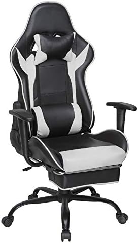 HomeSailing Ergonomic Gaming Racing Chair Office Swivel Chair for Desk Reclining Chair with Footrest Armrest PU Leather Padded with Headrest Lumbar Support (Black & White)