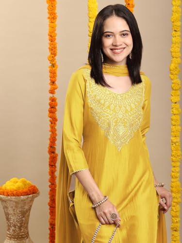 Image of GoSriKi Women's Rayon Viscose Embroidered Straight Kurta with Pant & Dupatta