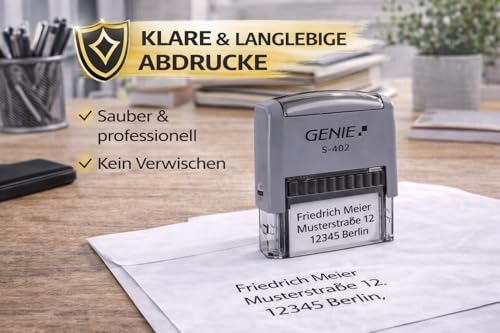 Genie S-402 Stempel Selbstfärbend Set – Individueller Textstempel bis 4 Zeilen – Adressstempel, Firmenstempel, Namensstempel – inkl. Stempelkissen & Zubehör – Schwarz/Grau