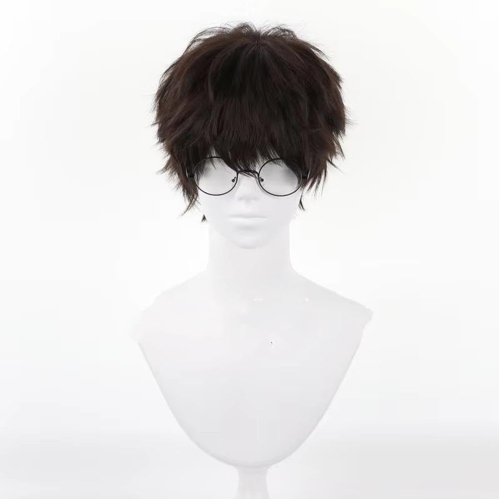 Haarpflege Herren-Cosplay-Perücke Kurz Dunkelbraun Hitzebeständig Volles Haar Mit Brille(Wig and glasses)