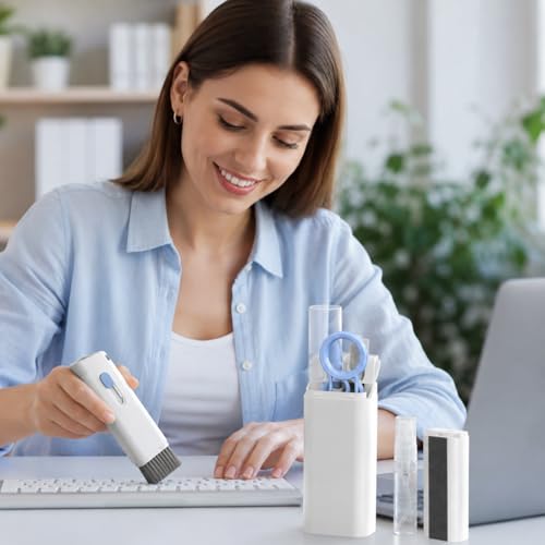 Image of 7-in-1 Electronic Cleaner Kit with Brush for Gadgets, Keyboards, Cameras | Multifunctional Laptops and Screens Cleaning Tools | Portable and Durable Electronic Cleaning Set - White & Blue