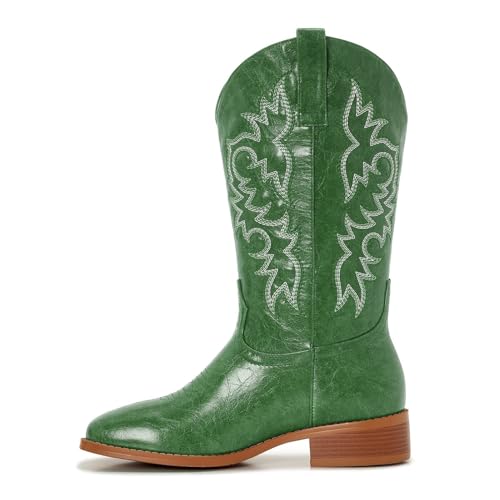 Image of Cowgirl Boots Square Toe Cowboy Boots For Women Ladies Mid Calf Low Heel Flat