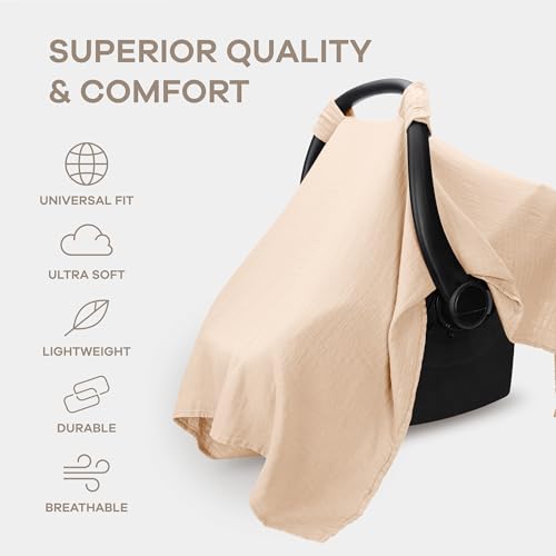 Image of Comfy Cubs Baby Car Seat Cover - Soft, Breathable Bamboo Rayon and Muslin Cotton Blend - Lightweight Canopy for Sun, Bug, and Comfort Protection - Large Size Infant Seat Cover in Cream Design