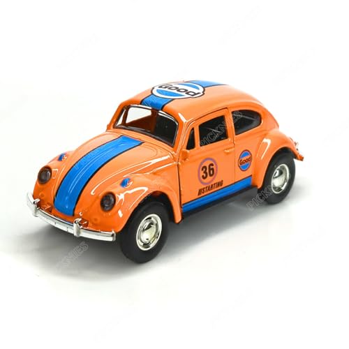 Image of Classic Vintage VW Beetle Diecast Metal Pullback Toy car with Openable Doors for Kids | 1:36 Scale Model | Pull Back | Gift for Boys Girls (Orange with Stripes)