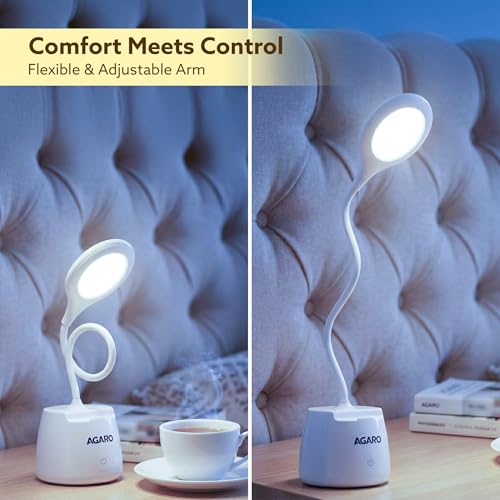 Image of AGARO Regency Study Table Lamp, 5W LED Desk Light, Rechargeable USB Type-C, Touch Control, 3 Different Bright Modes, 360 Rotating Flexible Gooseneck, Pen Holder & Mobile Stand, for Study & Bed Room