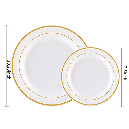 Image of WDF 60PCS White Gold Plates Disposable - Gold Plastic Plates, Including 30-10.25inch Gold Dinner and 30-7.5inch Salad /Dessert for Baby Shower Wedding Spring