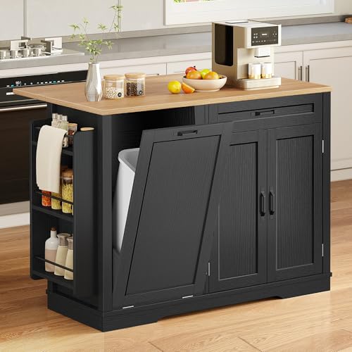YITAHOME 50 Inch Rolling Kitchen Island with Trash Can Storage, Portable Mobile Islands Table with Drop Leaf, Floating Kitchen Butcher Block Cart on Wheels, Fits 13 Gallon Garbage Bin, Black