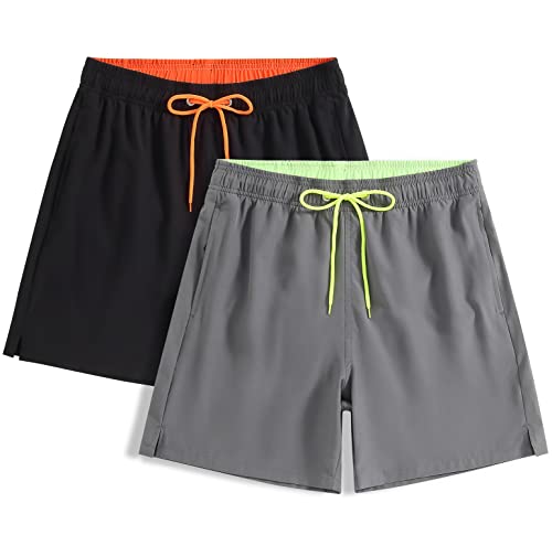 Silkworld Mens Swimming Shorts 2-Pack Swim Trunks Solid Swimwear Summer Beach Shorts With Mesh Lining,Black+Grey,Large #TOP7