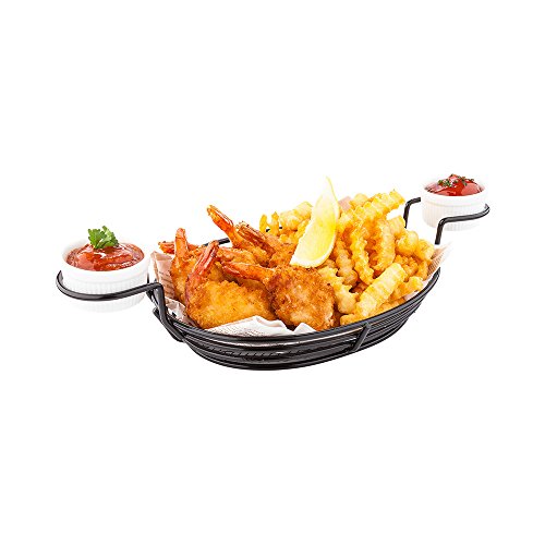 13 x 6 x 22 Inch Restaurant Basket 1 Oval French Fry Basket - With 2 Ramekin Holders Reusable Black Iron Serving Baskets For Chicken Tenders Hot Dogs Wings Or Onion Rings Durable